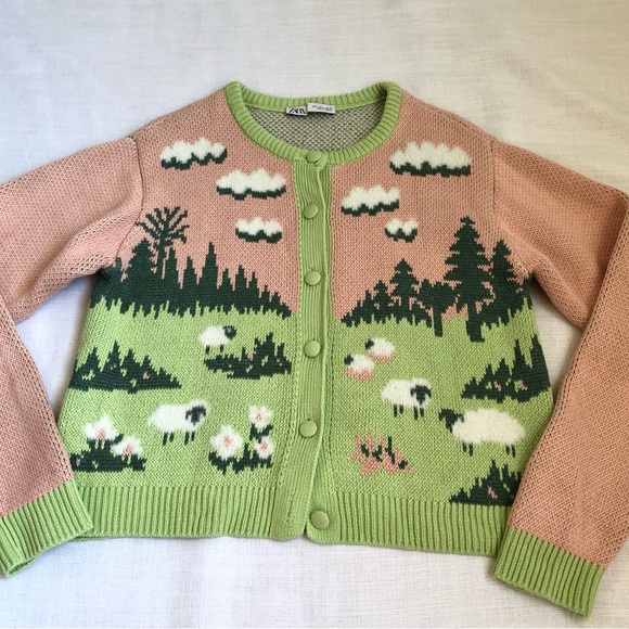 Zara Pink and Light Green Scenic Knit Cardigan - Picture 8 of 13
